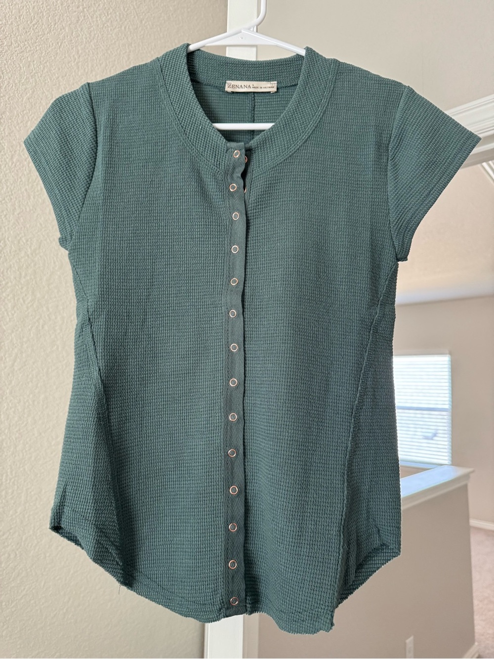 Zenana Outfitters Teal Green Short Sleeve Snap-Front Waffle Knit Top